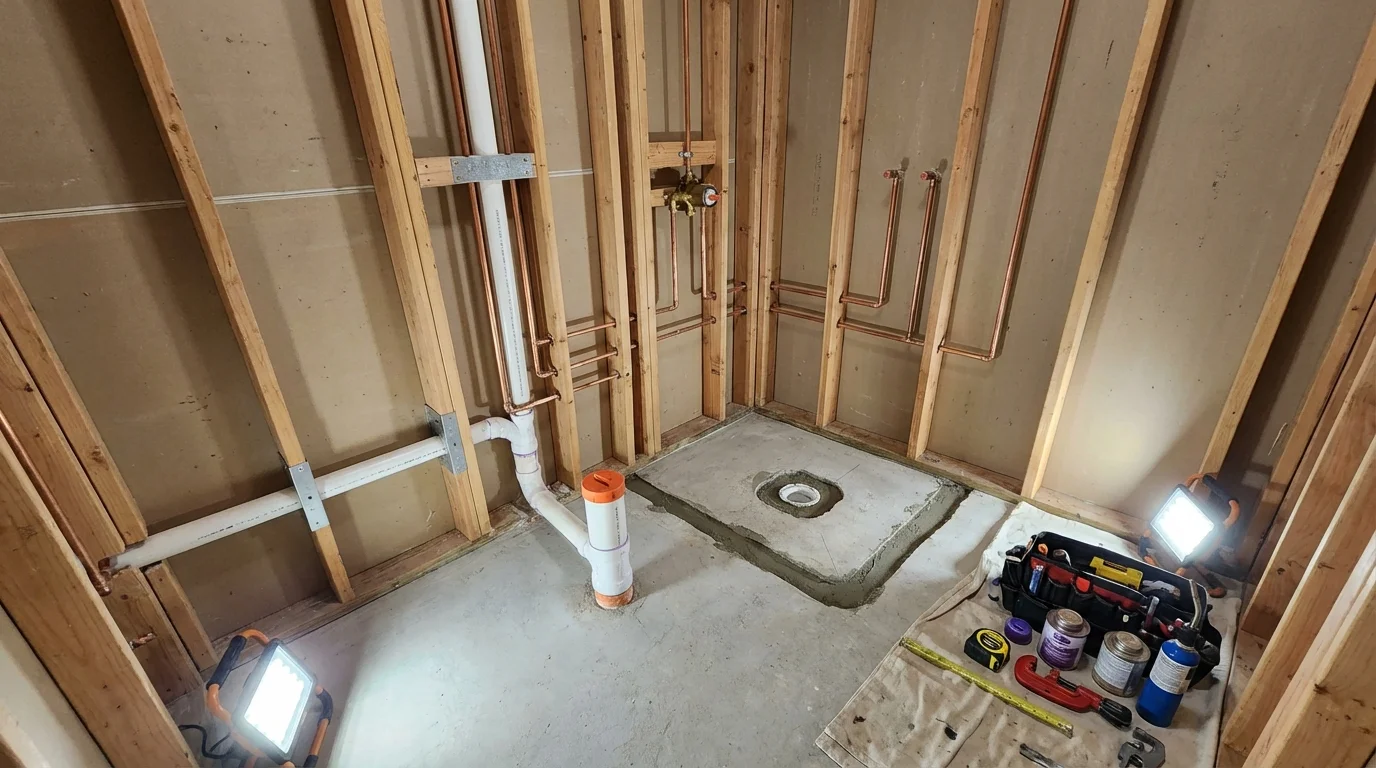 Bathroom rough-in plumbing during remodel by Johns Plumbing LLC in Sayre