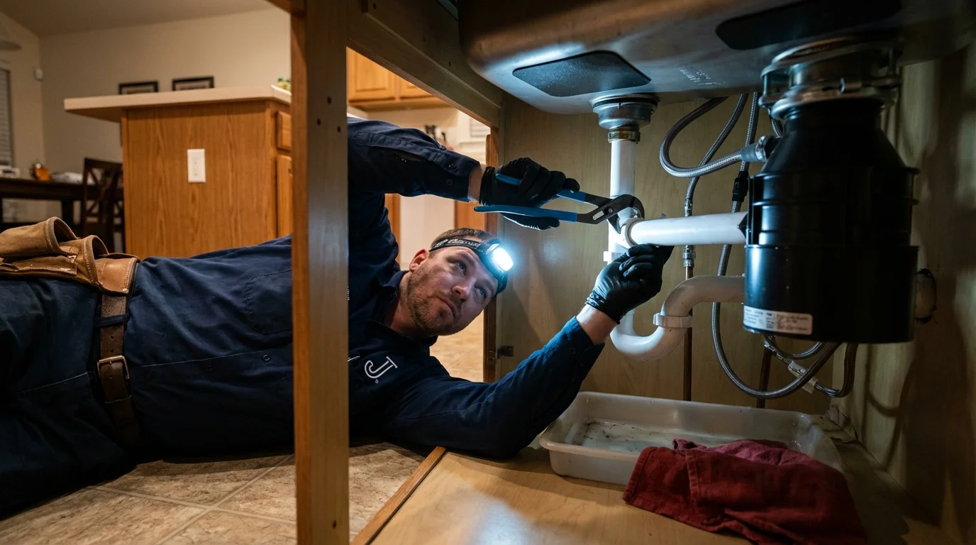 P-trap and supply line connections under a kitchen sink showing a common leak point in Sayre, PA